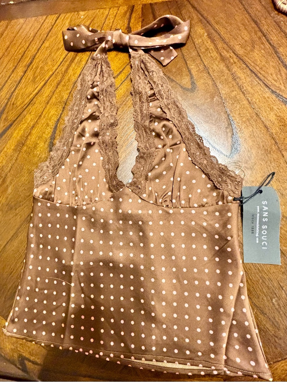 NWT Y2K Coquette Chocolate Brown Polka Dot Lace Halter
Top